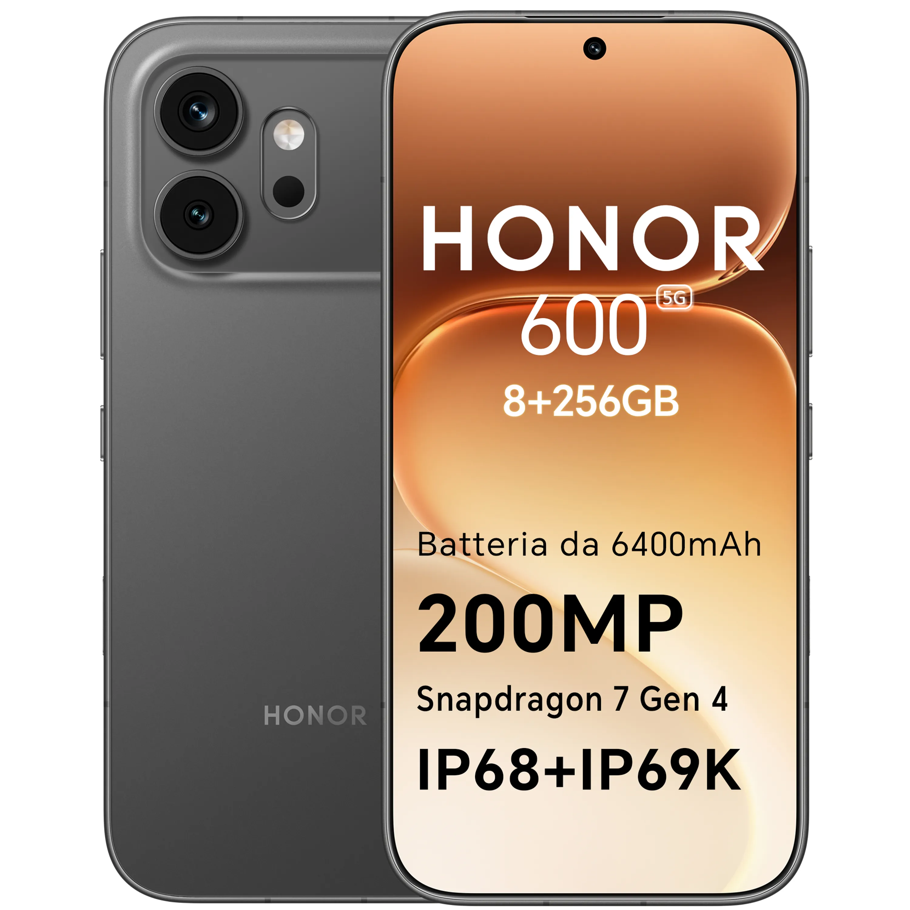 HONOR 600 Smartphone 5G, 8+256GB, 6400mAh, 200MP, IP68&amp;amp;IP69K, Black, Fotocamera Notturna Ultra-nitida da 200MP, Display Ultra Luminoso da 8000 nit telefono, Snapdragon 7 Gen 4, Dual SIM, N